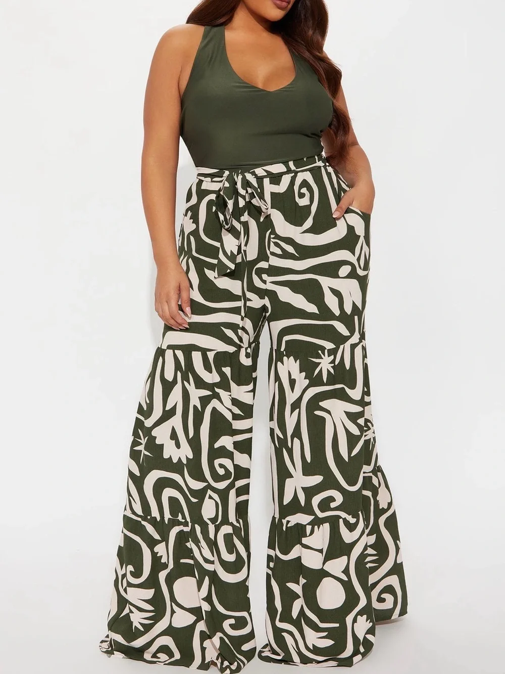 Fashion Nova Olive & Cream Abstract Wide Leg Tie-Waist Pants - Picture 1 of 3